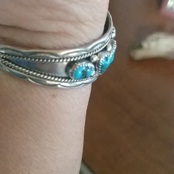 Native American Turquoise & Coral Stamped Cuff - Picture 3 of 10